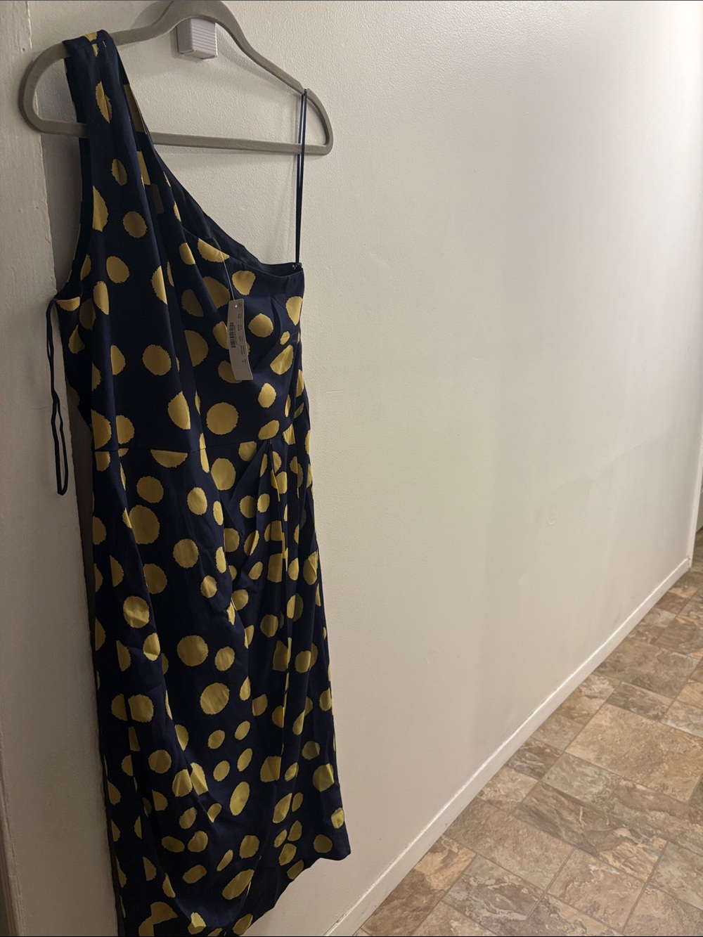 J. Crew Navy One-Shoulder Dress with Yellow Polka Dots